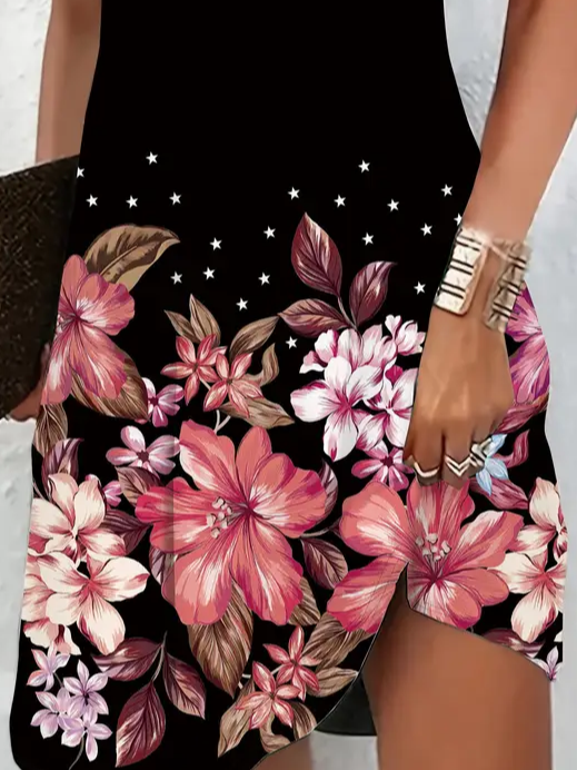 Damen Geblümt Kurzarm Sommer Print Kleid V-Ausschnitt Täglich Lässig Knielänge T-Shirt-Kleid H-Linie Kleid