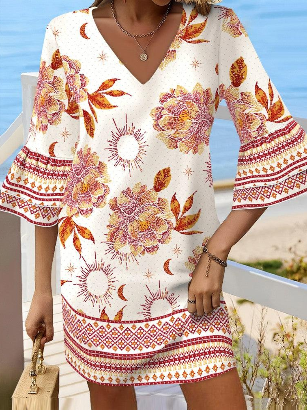 Damen Geblümt Halbarm Sommer Kleid V-Ausschnitt Täglich Böhmisch Midi Strandkleid H-Linie Kleid