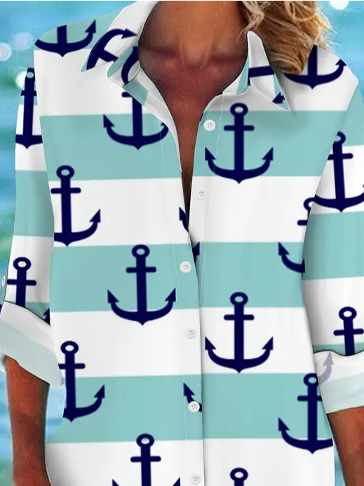 Damen Gestreift Langarm Bluse Frühling/Herbst Print Hemdkragen Täglich Lässig Oberteile