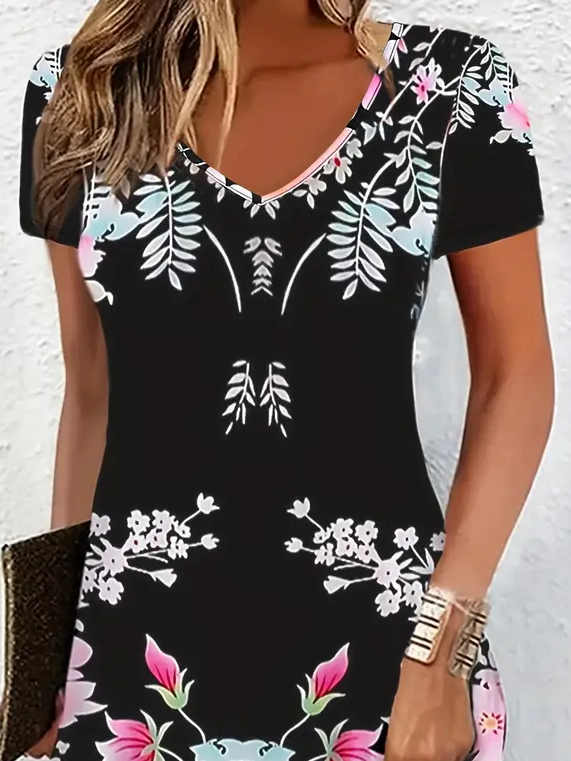 Damen Geblümt Kurzarm Sommer Print Kleid V-Ausschnitt Täglich Lässig Knielänge T-Shirt-Kleid H-Linie Kleid