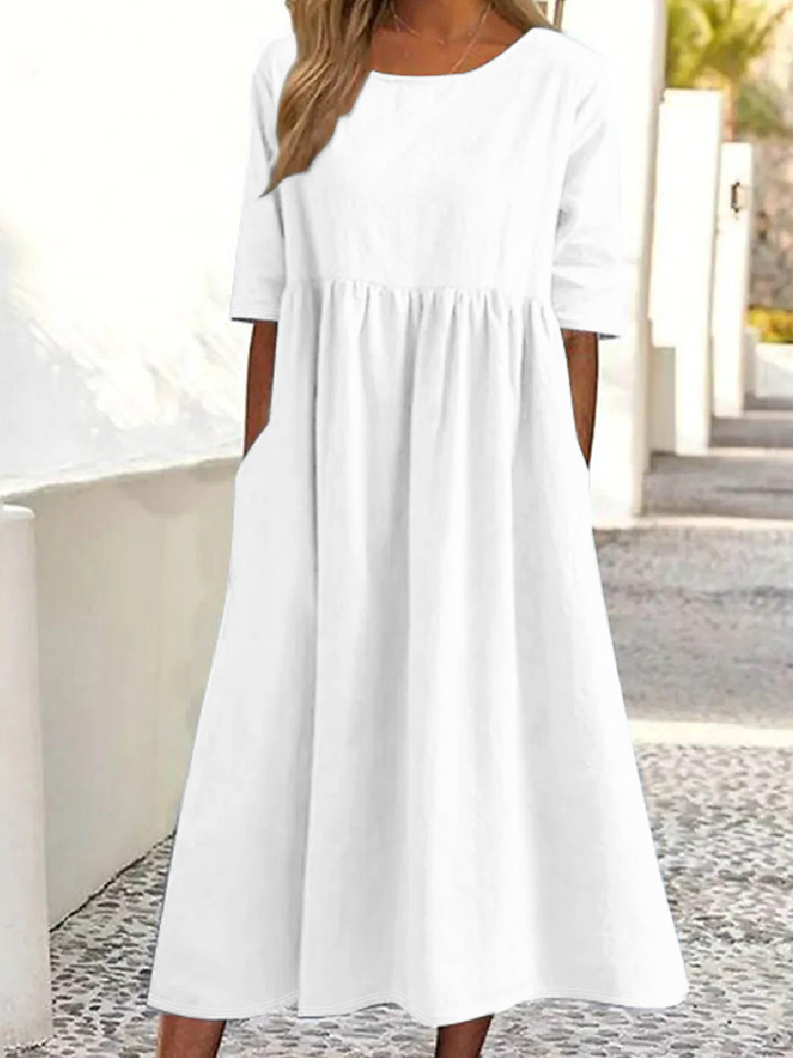Damen Unifarben Halbarm Sommer Kleid Rundhals Täglich Lässig Maxikleid Blusenkleid A-Linien-Kleid