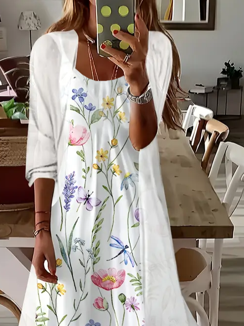 Damen Geblümt Print Zweiteiliges Set Täglich Dreiviertelärmel Lässig Frühling/Herbst Mantel mit Rock Matching Set