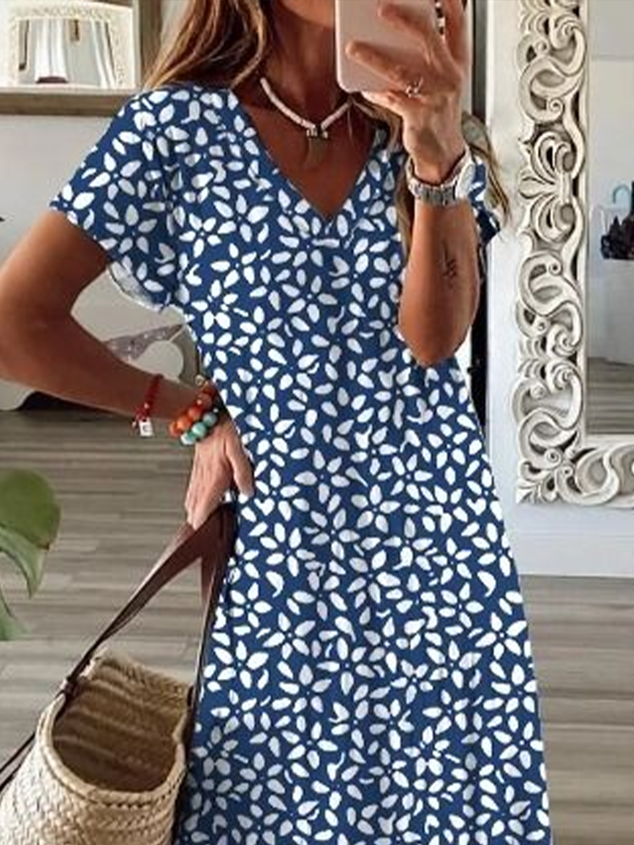 Damen Geblümt Kurzarm Sommer Print Kleid V-Ausschnitt Täglich Lässig Maxikleid X-Linie Kleid