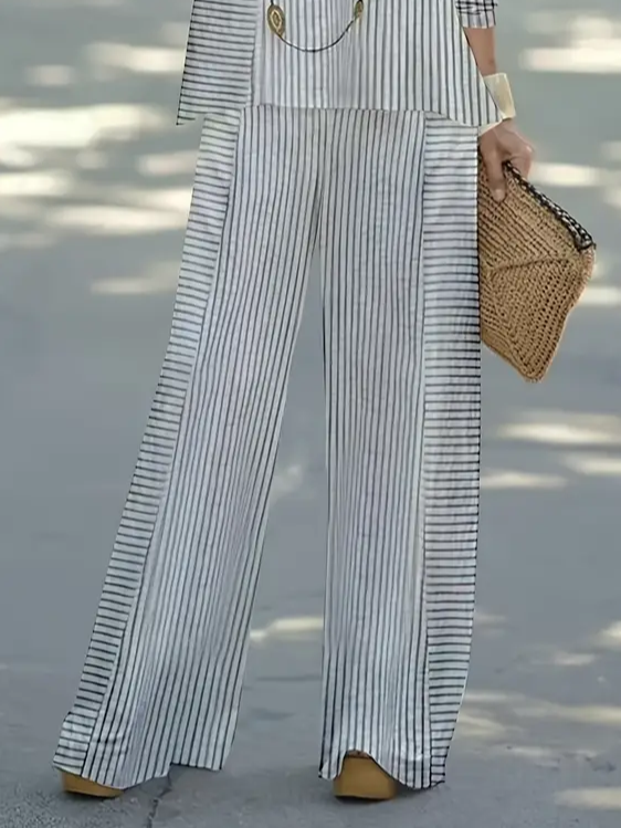 Damen Gestreift Print Zweiteiliges Set Täglich Langarm Lässig Frühling/Herbst Bluse mit Hose Matching Set