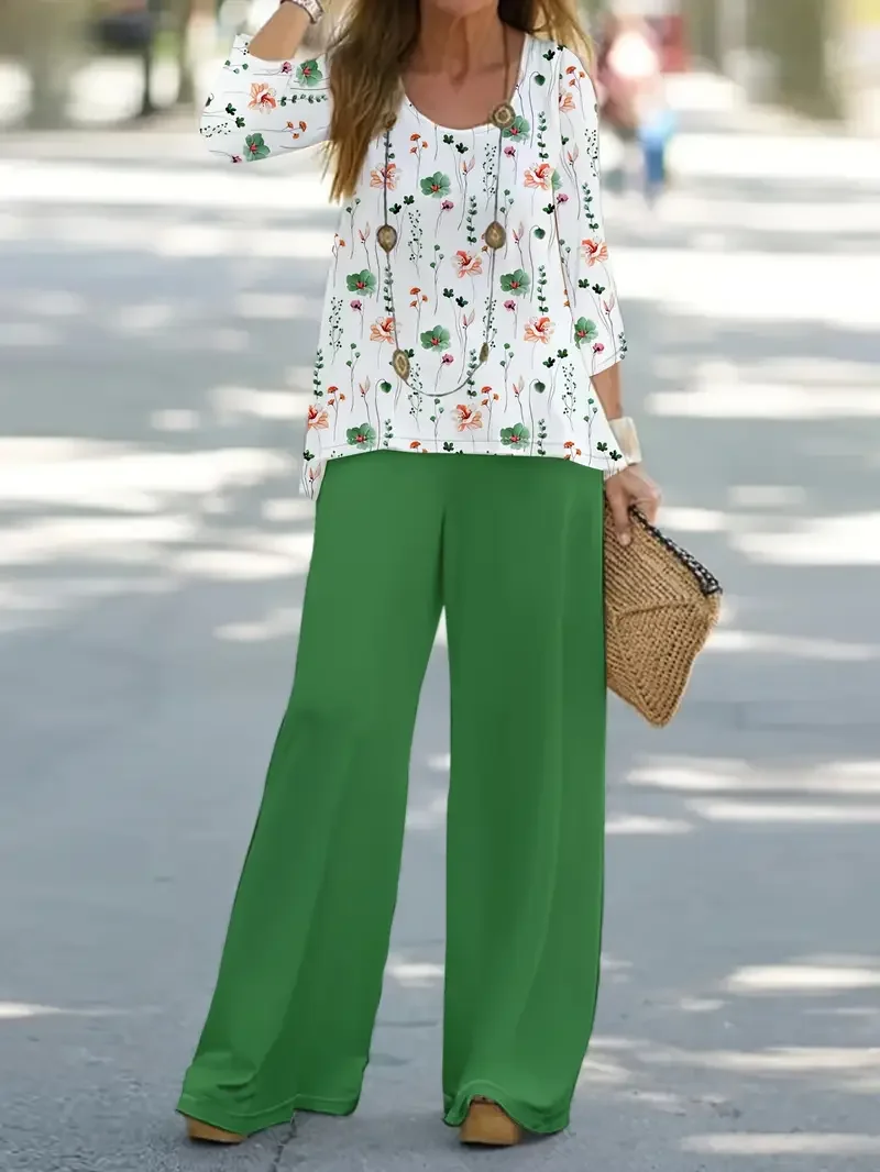 Damen Geblümt Print Zweiteiliges Set Täglich Langarm Lässig Frühling/Herbst Bluse mit Hose Matching Set