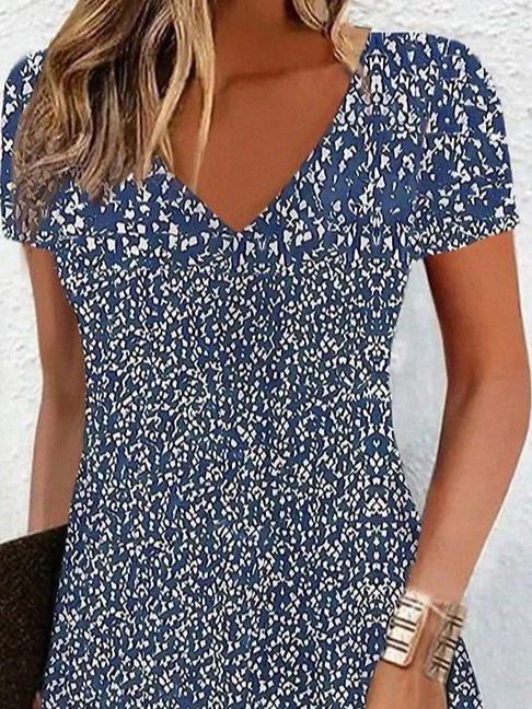 Damen Geblümt Kurzarm Sommer Print Kleid V-Ausschnitt Täglich Lässig Knielänge T-Shirt-Kleid H-Linie Kleid