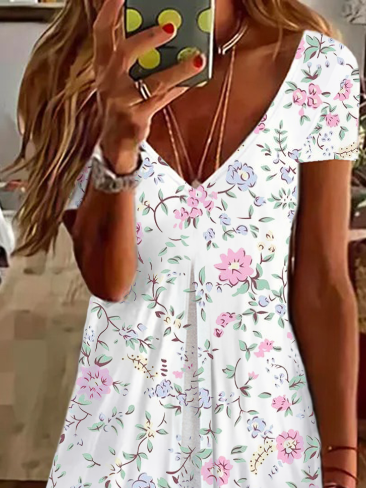 Damen Geblümt Kurzarm Sommer Print Kleid V-Ausschnitt Täglich Lässig Knielänge T-Shirt-Kleid H-Linie Kleid