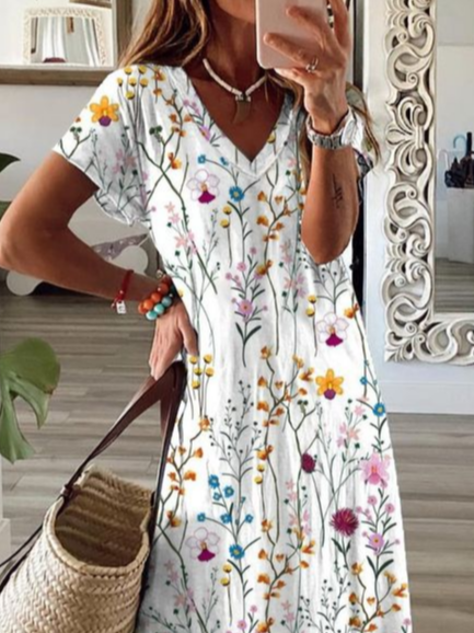 Damen Geblümt Kurzarm Sommer Print Kleid V-Ausschnitt Täglich Lässig Maxikleid X-Linie Kleid