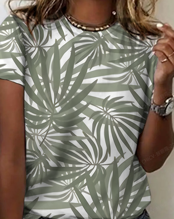 Damen Blätter Kurzarm T-Shirts T-Shirt Rundhals Lässig Sommer Oberteile