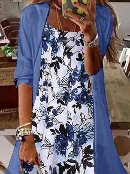 Damen Geblümt Print Zweiteiliges Set Täglich Dreiviertelärmel Lässig Frühling/Herbst Mantel mit Rock Matching Set