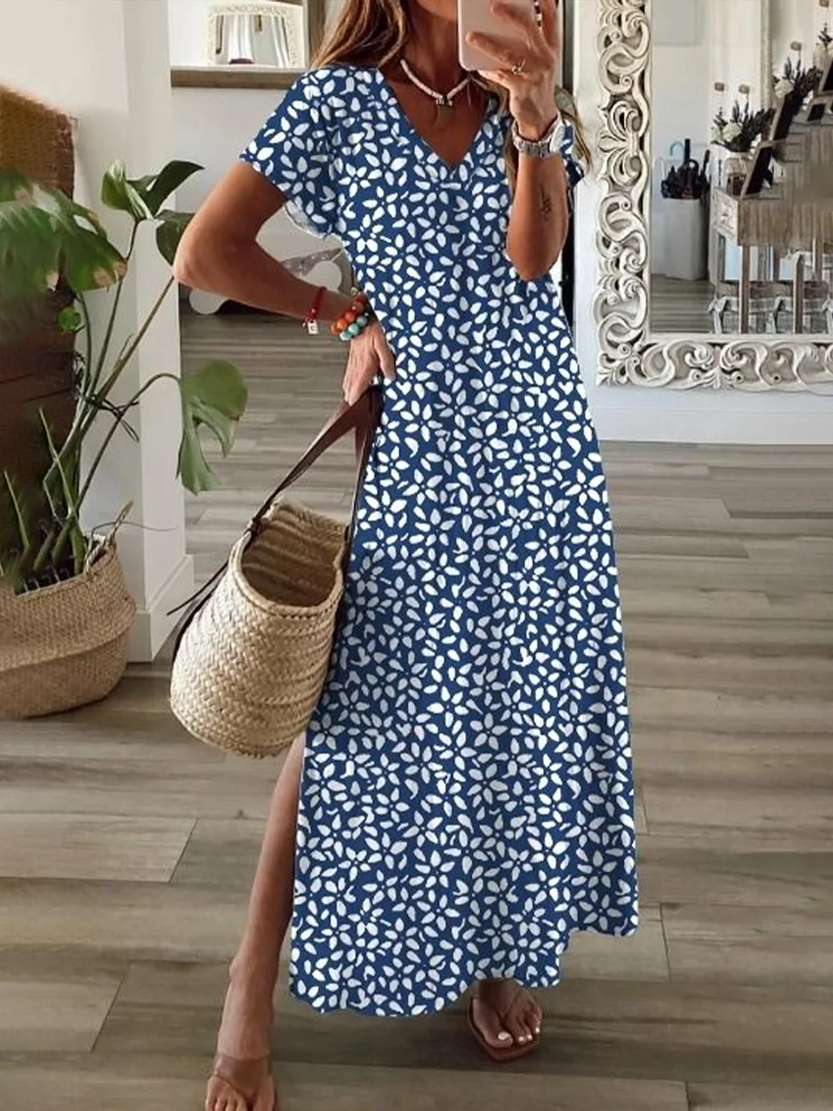 Damen Geblümt Kurzarm Sommer Print Kleid V-Ausschnitt Täglich Lässig Maxikleid X-Linie Kleid