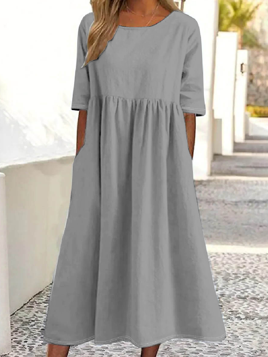 Damen Unifarben Halbarm Sommer Kleid Rundhals Täglich Lässig Maxikleid Blusenkleid A-Linien-Kleid