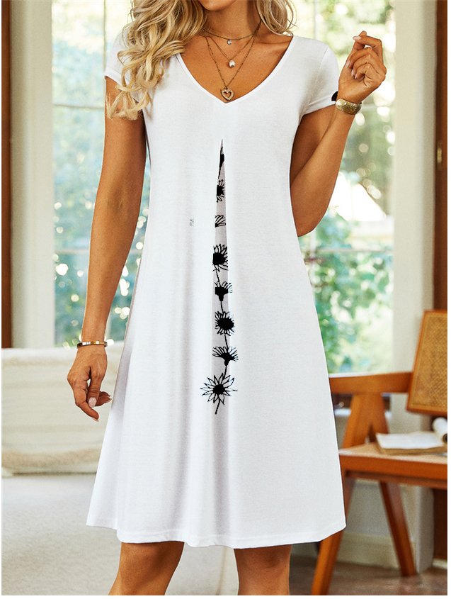 Damen Kurzarm Sommer Geblümt Print Kleid V-Ausschnitt Täglich Ausgehen Lässig Knielänge T-Shirt-Kleid H-Linie Kleid