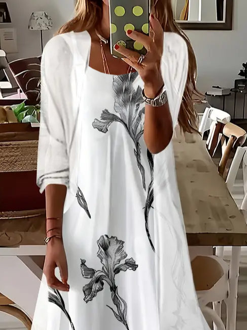 Damen Geblümt Print Zweiteiliges Set Täglich Dreiviertelärmel Lässig Frühling/Herbst Mantel mit Rock Matching Set