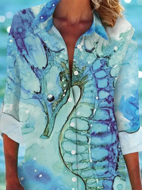 Damen Marine Leben Langarm Bluse Frühling/Herbst Print Hemdkragen Täglich Lässig Oberteile