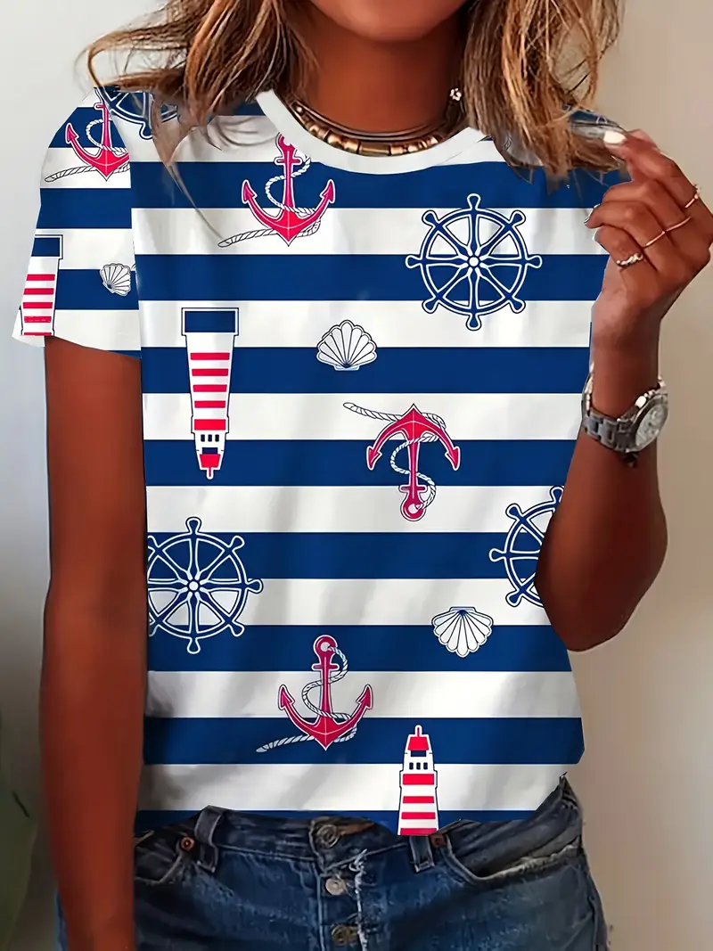 Damen Gestreift Kurzarm T-Shirts T-Shirt Rundhals Print Lässig Sommer T-Shirt mit Grafik Oberteile