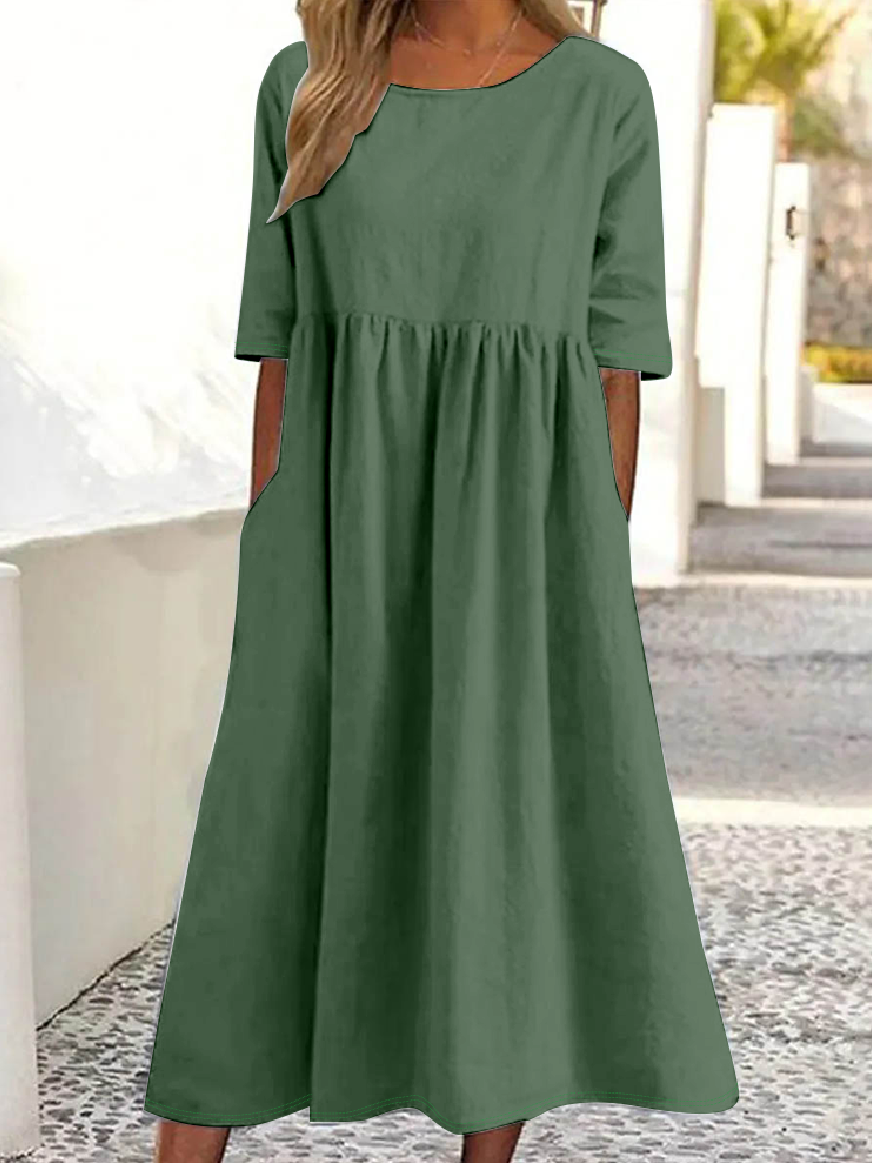 Damen Unifarben Halbarm Sommer Kleid Rundhals Täglich Lässig Maxikleid Blusenkleid A-Linien-Kleid