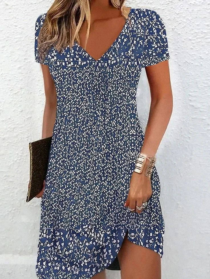 Damen Geblümt Kurzarm Sommer Print Kleid V-Ausschnitt Täglich Lässig Knielänge T-Shirt-Kleid H-Linie Kleid