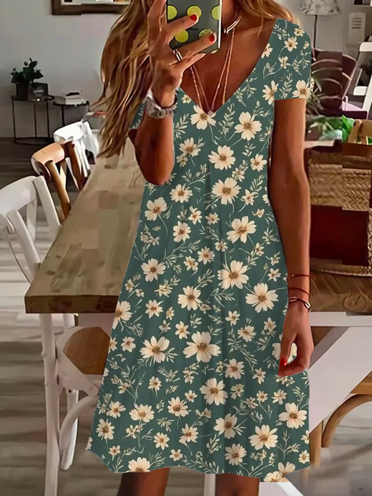 Damen Geblümt Kurzarm Sommer Print Kleid V-Ausschnitt Täglich Lässig Knielänge T-Shirt-Kleid H-Linie Kleid