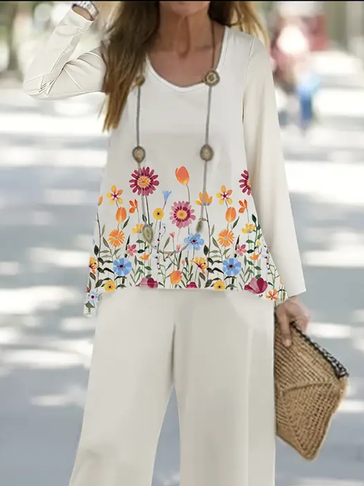 Damen Geblümt Print Zweiteiliges Set Täglich Langarm Lässig Frühling/Herbst Bluse mit Hose Matching Set