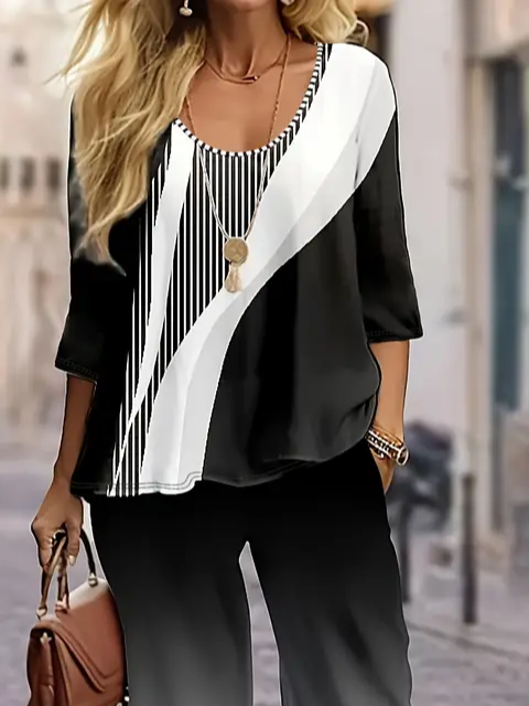 Damen Geometrisch Print Zweiteiliges Set Täglich Langarm Lässig Frühling/Herbst Bluse mit Hose Matching Set