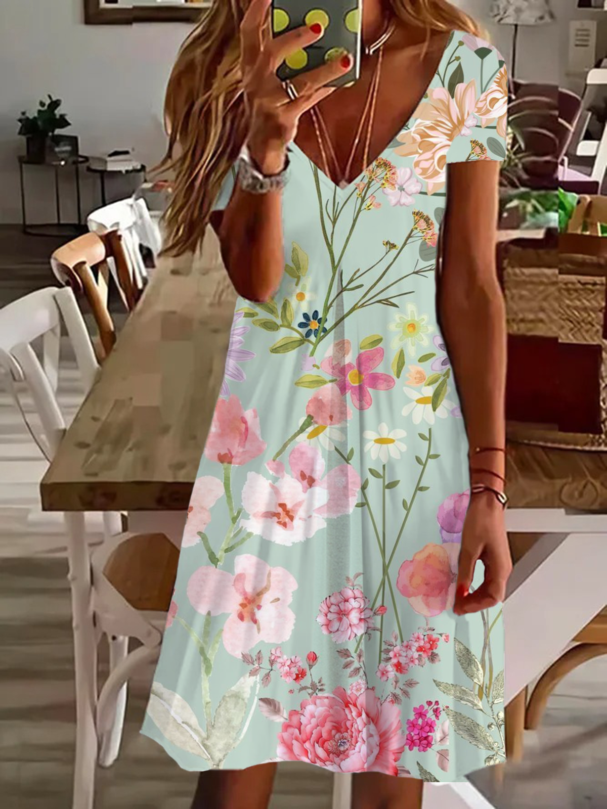 Damen Geblümt Kurzarm Sommer Print Kleid V-Ausschnitt Täglich Lässig Knielänge T-Shirt-Kleid H-Linie Kleid