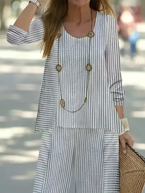 Damen Gestreift Print Zweiteiliges Set Täglich Langarm Lässig Frühling/Herbst Bluse mit Hose Matching Set