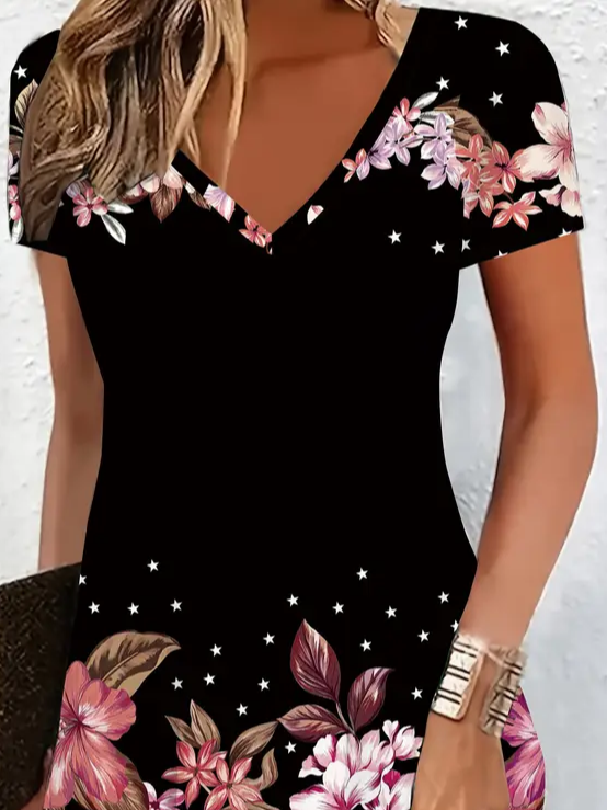 Damen Geblümt Kurzarm Sommer Print Kleid V-Ausschnitt Täglich Lässig Knielänge T-Shirt-Kleid H-Linie Kleid