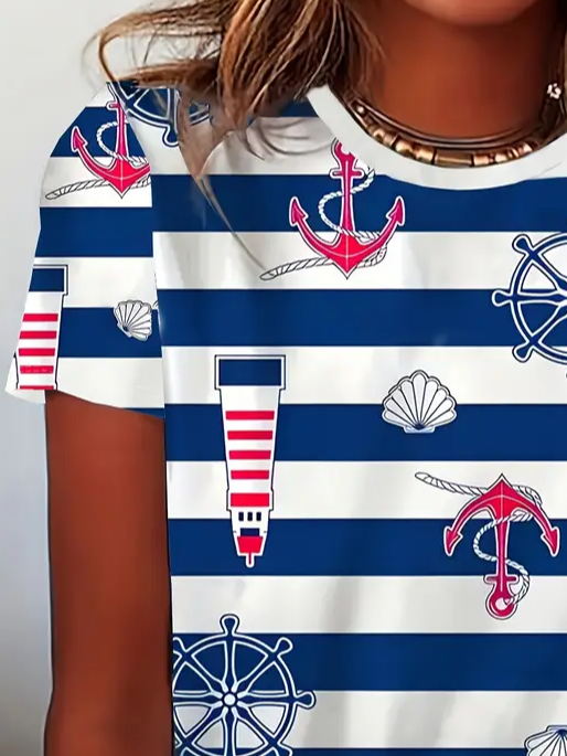 Damen Gestreift Kurzarm T-Shirts T-Shirt Rundhals Print Lässig Sommer T-Shirt mit Grafik Oberteile