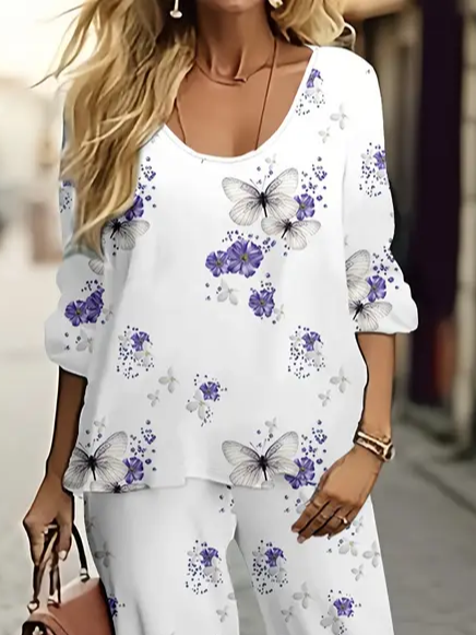 Damen Geblümt Print Zweiteiliges Set Täglich Langarm Lässig Frühling/Herbst Bluse mit Hose Matching Set