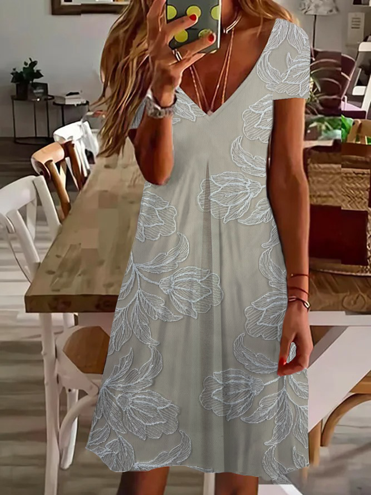 Damen Geblümt Kurzarm Sommer Print Kleid V-Ausschnitt Täglich Lässig Knielänge T-Shirt-Kleid H-Linie Kleid