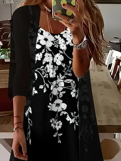 Damen Geblümt Print Zweiteiliges Set Täglich Dreiviertelärmel Lässig Frühling/Herbst Mantel mit Rock Matching Set