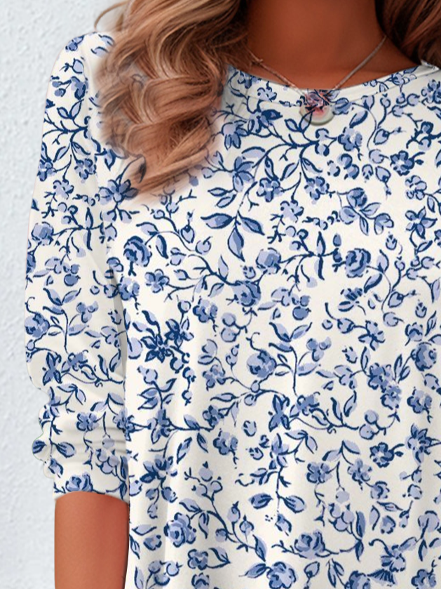 Damen Geblümt Langarm T-Shirts T-Shirt Rundhals Print Lässig Frühling/Herbst T-Shirt mit Grafik Oberteile