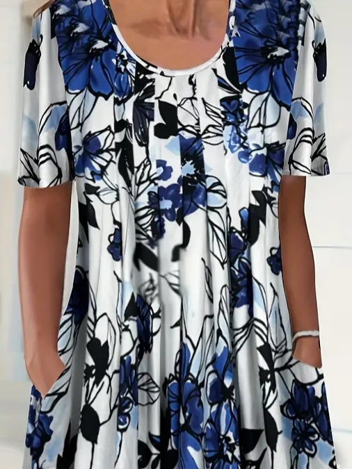 Damen Geblümt Kurzarm Sommer Print Kleid Rundhals Täglich Lässig Midi Passen & Flare Kleid H-Linie Kleid