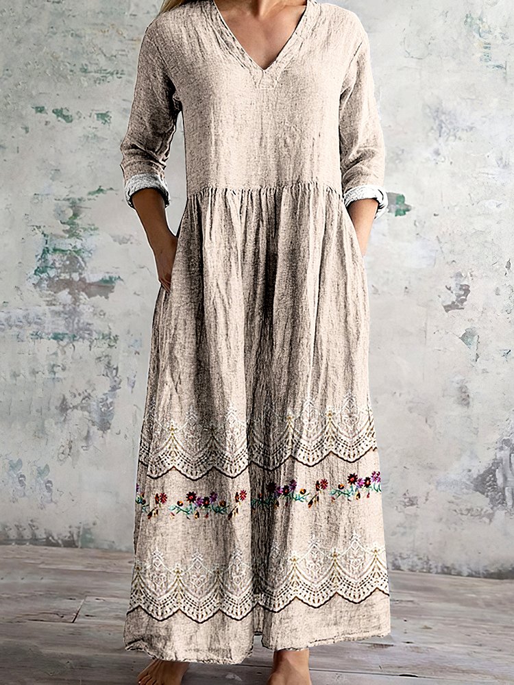 Damen Geblümt Langarm Frühling/Herbst Kleid V-Ausschnitt Täglich Lässig Maxikleid A-Linien-Kleid