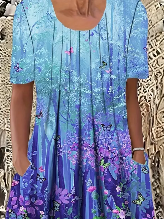 Damen Geblümt Kurzarm Sommer Print Kleid Rundhals Täglich Lässig Midi Passen & Flare Kleid H-Linie Kleid