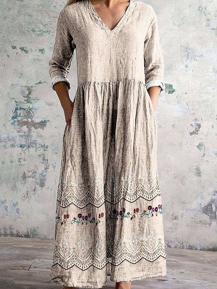 Damen Geblümt Langarm Frühling/Herbst Kleid V-Ausschnitt Täglich Lässig Maxikleid A-Linien-Kleid