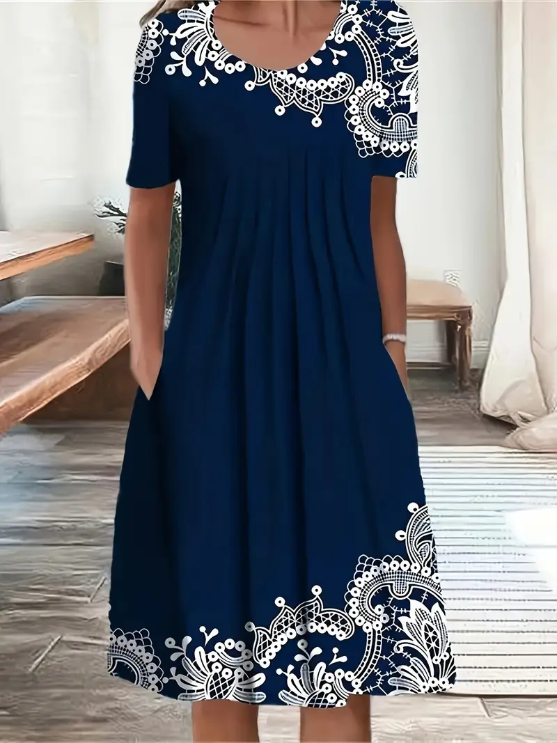 Damen Geblümt Kurzarm Sommer Print Kleid Rundhals Täglich Lässig Midi Passen & Flare Kleid H-Linie Kleid