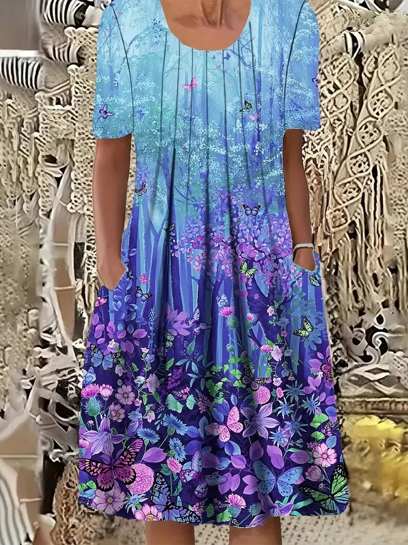 Damen Geblümt Kurzarm Sommer Print Kleid Rundhals Täglich Lässig Midi Passen & Flare Kleid H-Linie Kleid