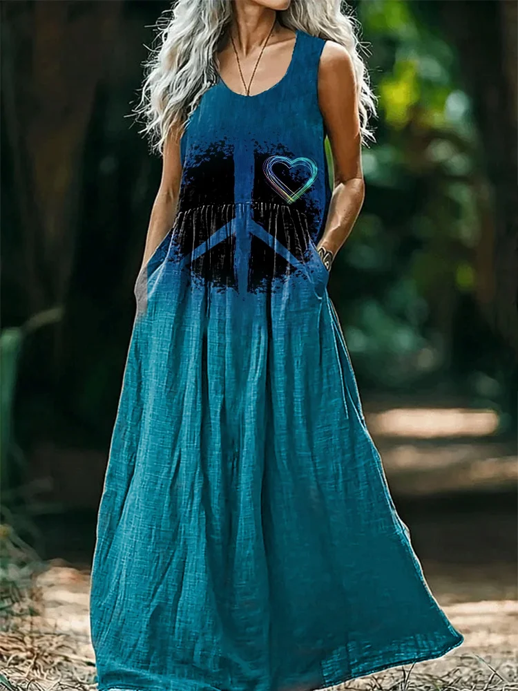 Damen Hippie Ärmellos Sommer Print Kleid Rundhals Täglich Lässig Maxikleid Tanktop H-Linie Kleid