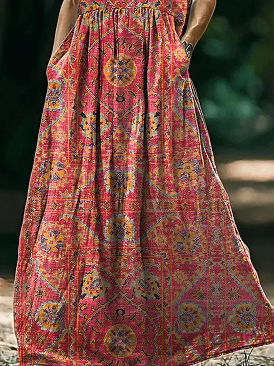 Damen Geblümt Ärmellos Sommer Print Kleid Rundhals Täglich Lässig Maxikleid Tanktop H-Linie Kleid