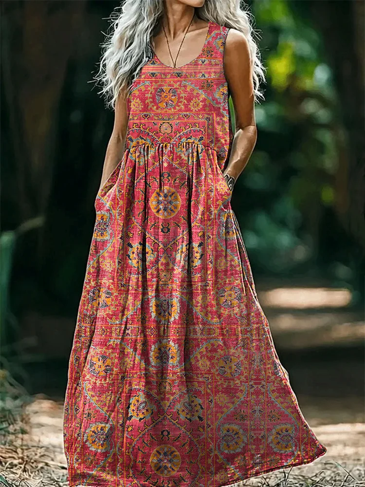 Damen Geblümt Ärmellos Sommer Print Kleid Rundhals Täglich Lässig Maxikleid Tanktop H-Linie Kleid