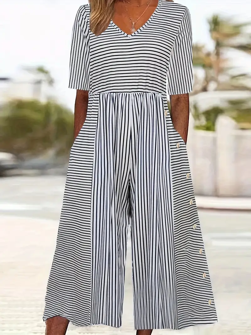 Damen Gestreift V-Ausschnitt Halbarm Lässig Sommer Jumpsuit