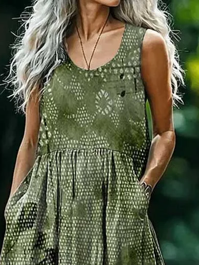 Damen Geblümt Ärmellos Sommer Print Kleid Rundhals Täglich Lässig Maxikleid Tanktop H-Linie Kleid