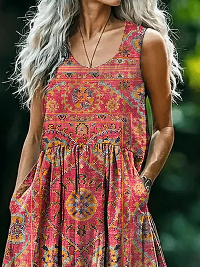 Damen Geblümt Ärmellos Sommer Print Kleid Rundhals Täglich Lässig Maxikleid Tanktop H-Linie Kleid