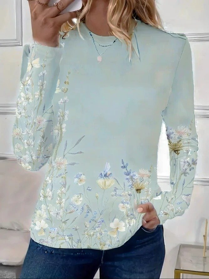 Damen Langarm T-Shirts T-Shirt Frühling/Herbst Geblümt Print Rundhals Lässig T-Shirt mit Grafik Oberteile