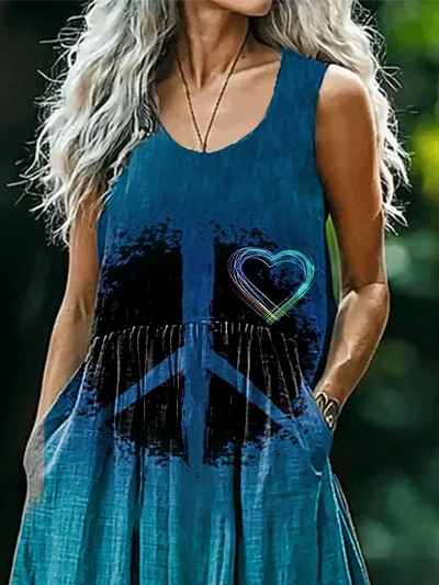 Damen Hippie Ärmellos Sommer Print Kleid Rundhals Täglich Lässig Maxikleid Tanktop H-Linie Kleid