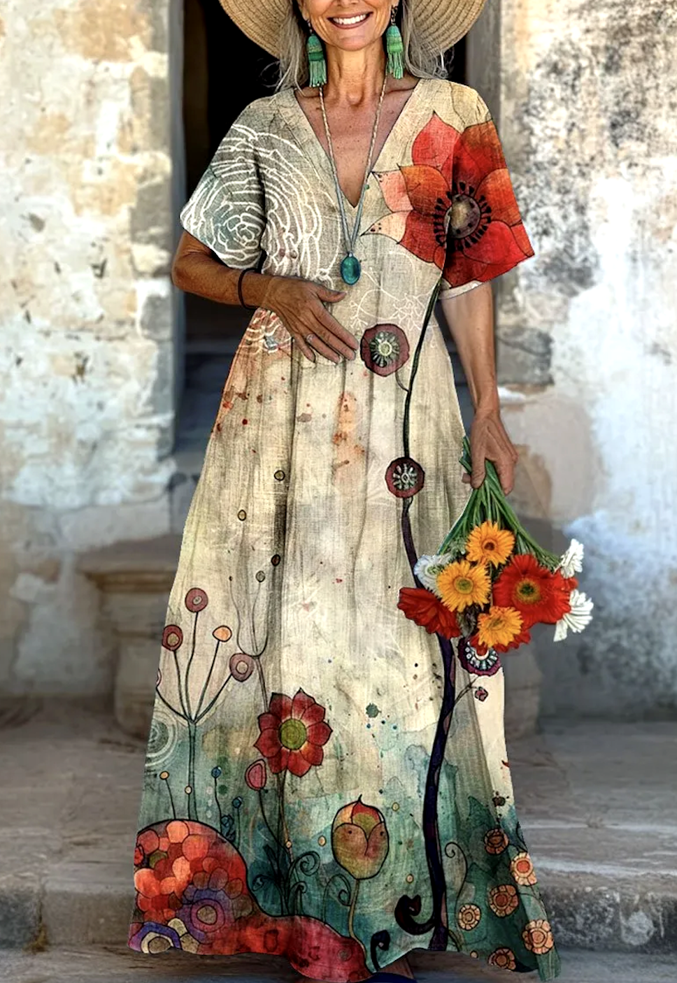 Damen Geblümt Kurzarm Sommer Kleid V-Ausschnitt Täglich Lässig Maxikleid A-Linien-Kleid