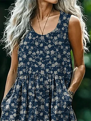 Damen Geblümt Ärmellos Sommer Print Kleid Rundhals Täglich Lässig Maxikleid Tanktop H-Linie Kleid
