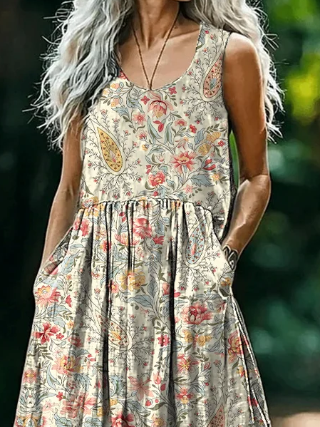 Damen Geblümt Ärmellos Sommer Print Kleid Rundhals Täglich Lässig Maxikleid Tanktop H-Linie Kleid